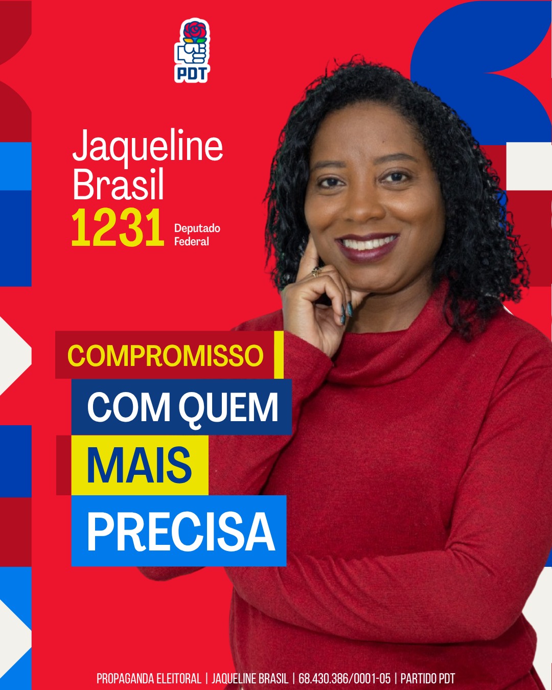 Foto oficial de campanha de Jacqueline Brasil, candidata a Deputada Federal 1231 pelo PDT